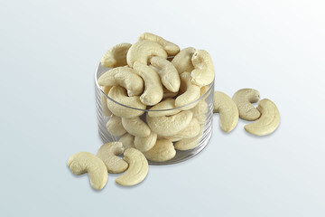 Set of delicious cashew nuts in the glass bowl, grain with salt ready to eat, Selective focus, Roasted nuts, kaju, studio shot