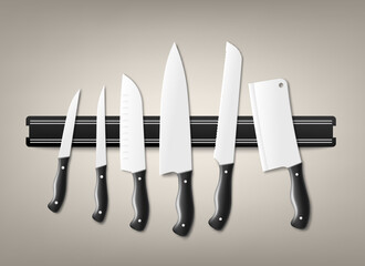 KIt of kitchen cutlery knives hanging realistic vector illustration isolated.