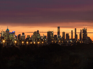 The skyline of the beautiful city of Melbourne shot at sunset