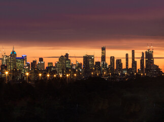 The skyline of the beautiful city of Melbourne shot at sunset