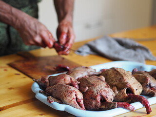 The process of butchering killed wild ducks. The trophy carcasses butcher the hands of the hunter. The carcasses of the ducks now need to be washed.