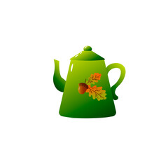 Green teapot with a pattern of acorns. Home Appliances. Vector illustration isolated on white background. For icons or logos. 