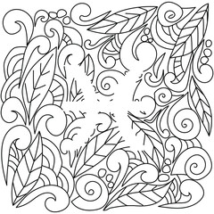 coloring page using negative space, silhouette of the zodiac sign Pisces, doodle patterns of leaves and curls, vector outline illustration