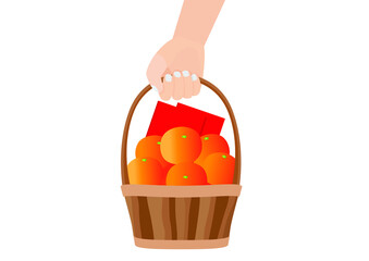 envelope red and orange fruit in the basket on white background illustration vector chinese new year or lunar new year concept. 