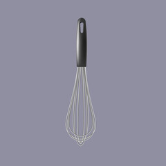Realistic metal whisk with black handle - kitchen whisking equipment tool.
