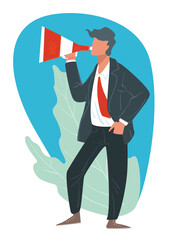Businessman broadcasting with megaphone, promotion or announcement vector