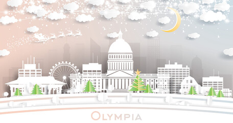 Olympia Washington City Skyline in Paper Cut Style with Snowflakes, Moon and Neon Garland.
