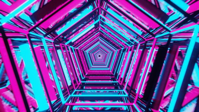 Mirror tunnel of pentagonal shape, psychedelic,moving forward in space, infinite loop, bright neon glowing in techno style elements, computer game, new technology, 3D rendering, modern performance