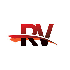 initial letter RV logotype company name colored black and red swoosh design.