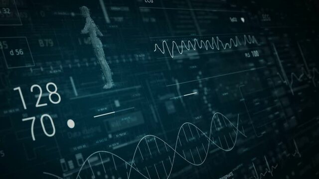 HUD Technological panel for medicine and science.3D human.DNA.Cardiogram monitor.ECG Vfib.Heart beat line.Medical Institute students.2D graphic.Green.Blue.
