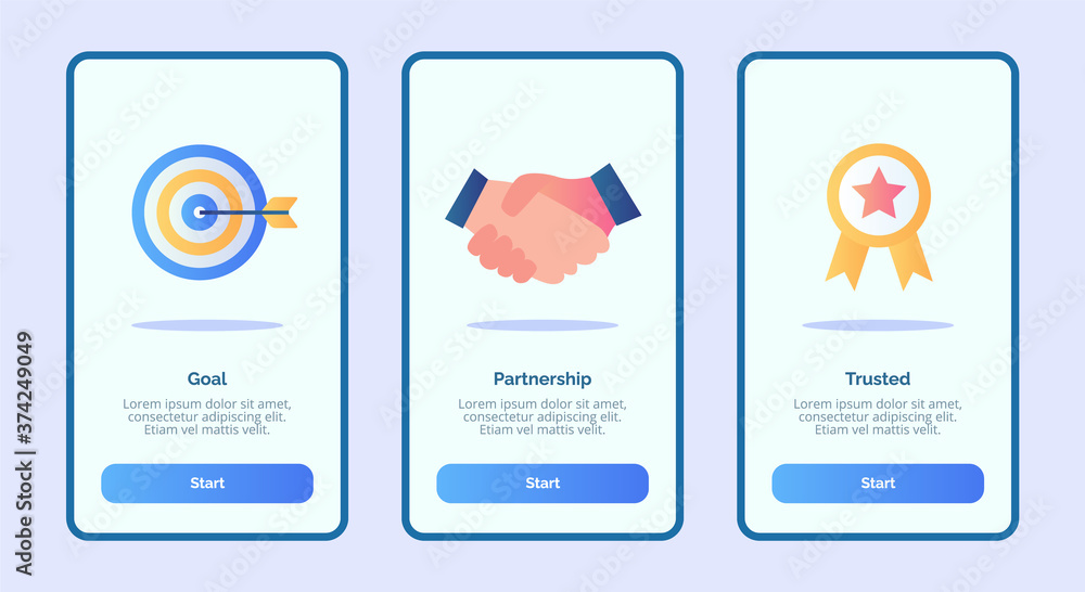 Poster goal partnership trusted for mobile apps template banner page ui with three variations modern flat c