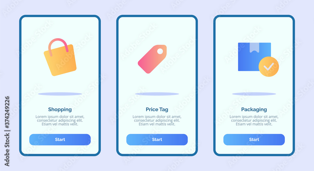 Poster shoping price tag packaging for mobile apps template banner page ui with three variations modern fla