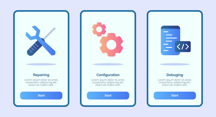 Repairing configuration debuging for mobile apps template banner page UI with three variations modern flat color style