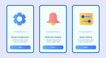 ystem configuration notification setting system setting for mobile apps template banner page UI with three variations modern flat color style