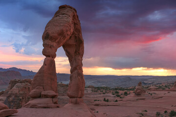 Delicate arch, unique angle at sunset. 