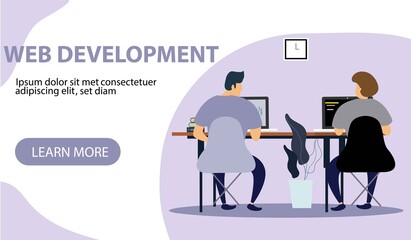 Programming concept, web engineer at work, vector images. Programmer programming web site landing page template.  People, vector design.
