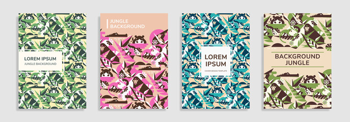 Covers with flat geometric animal jungle pattern. Colorful backgrounds. Applicable for Banners, Placards, Posters, Flyers, Books, booklet. Vector template.