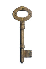 antique golden door key isolated on white background.  close up