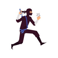 Ninja character with sword and shuriken flat vector illustration isolated.