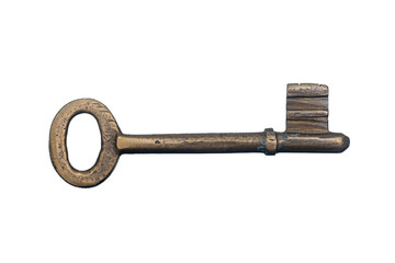 antique golden door key isolated on white background.  close up