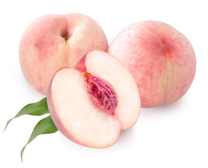 Fresh White Peach on White Background, Peach fruit with leaf isolated on white background, (With clipping path)
