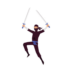Character of ninja fighting with swords, flat vector illustration isolated.