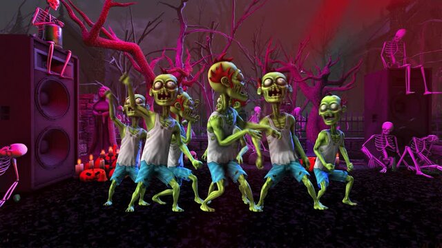 Seamless animation of a zombie thriller dancing in a party at a graveyard with skeletons and pumpkins. Funny cartoon character for Halloween background.