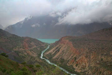 Tajikistan Fann Mountains Morning Mist with Iskanderkul Lake Valley Scene