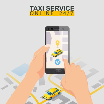 Taxi service isometric. Taxi mobile app template set. Smartphone with city map