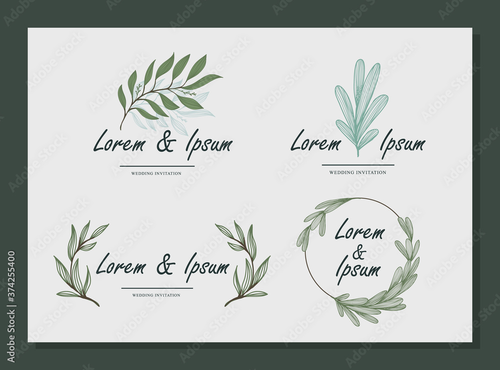 Sticker nature iconic initial wedding name. name tag wedding template set
