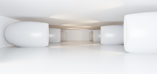 Abstract architectural minimalistic background. Contemporary showroom. Modern white exhibition tunnel. Empty gallery. Backlight. 3D illustration and rendering.