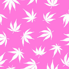 Seamless pattern of white cannabis on a pink background.White hemp leaves on a pink background. Marijuana patter