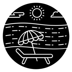 
A deck chair along seashore with sunshine depicting sunbath icon
