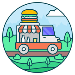 
Food truck icon in flat design, burger on vehicle 
