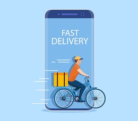 Online delivery service concept, delivery home and office. bicycle courier. goods shipping, Delivery man riding a bicycle out of the phone. Fast food delivery app Vector illustration in flat style