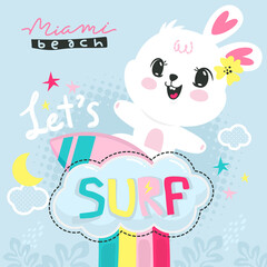 Fototapeta na wymiar Cute rabbit surfing on a rainbow on blue background illustration vector.