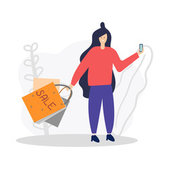 Woman with shopping bags and phone, Sale concept. Flat illustration.