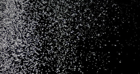 White snowflakes falling in slow motion against an isolated black background.