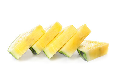 Cut yellow watermelon on white background