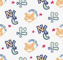Seamless baseball pattern design with tiger vector illustration.