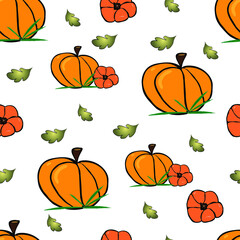 Seamless pattern with orange pumpkins and leaves. Autumn texture for thanksgiving holiday, harvest and halloween. Fall season. Vector Illustration