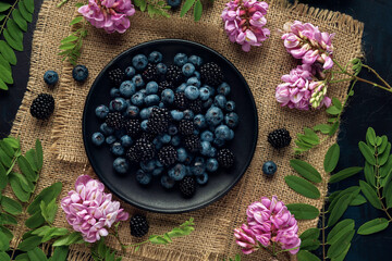 Obraz na płótnie Canvas Black plate with blueberry, blackberry and acacia flowers on the burlap napkin. Flat lay.