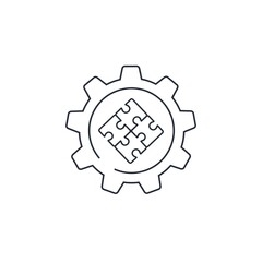 The rotation of the gear and the folded puzzle. Interaction process. Vector linear icon isolated on white background.