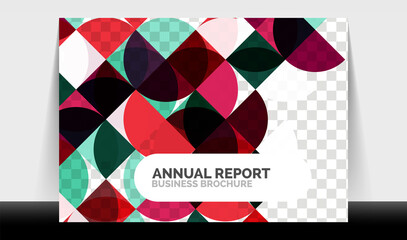 Horizontal A4 business flyer annual report template, circles and triangle style shapes modern geometric design for brochure layout, magazine or booklet