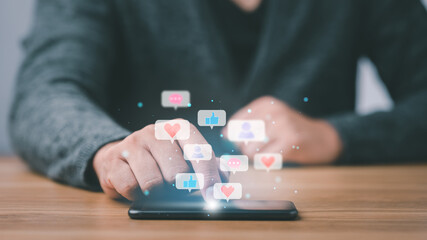 Social media and digital online concept, business people using smartphone and show technology and emotion icon.