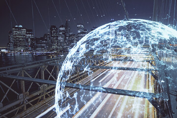 Multi exposure of social network theme drawing and cityscape background. Concept of people connecton.