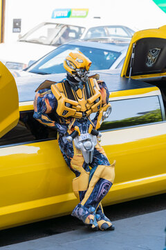 Melbourne, Australia - Oct 8, 2015: Man in Bumblebee costume performs during a public promotion in downtown Melbourne, Australia.