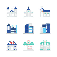Flat icons about churches and various buildings.
