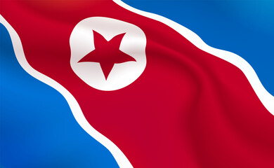 Background DPRK Flag in folds. Red banner. Pennant with stars concept up close, standard Democratic peoples Republic of Korea national Republic. Illustration. Realistic soft shadows. Vector