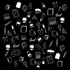 Back to school concept. Hand drawing doodle of equipment for study in classroom isolated on black background.